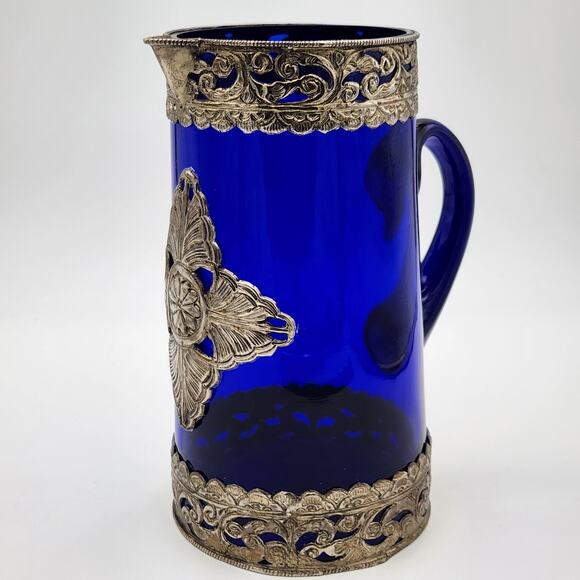 Cobalt Blue Pitcher with Silver Toned Filigree - Picture 2 of 15